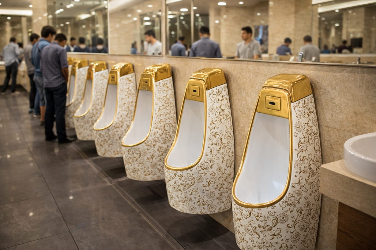 Luxury men's restroom with decorative porcelain urinals featuring gold accents and floral patterns installed along a marble wall.